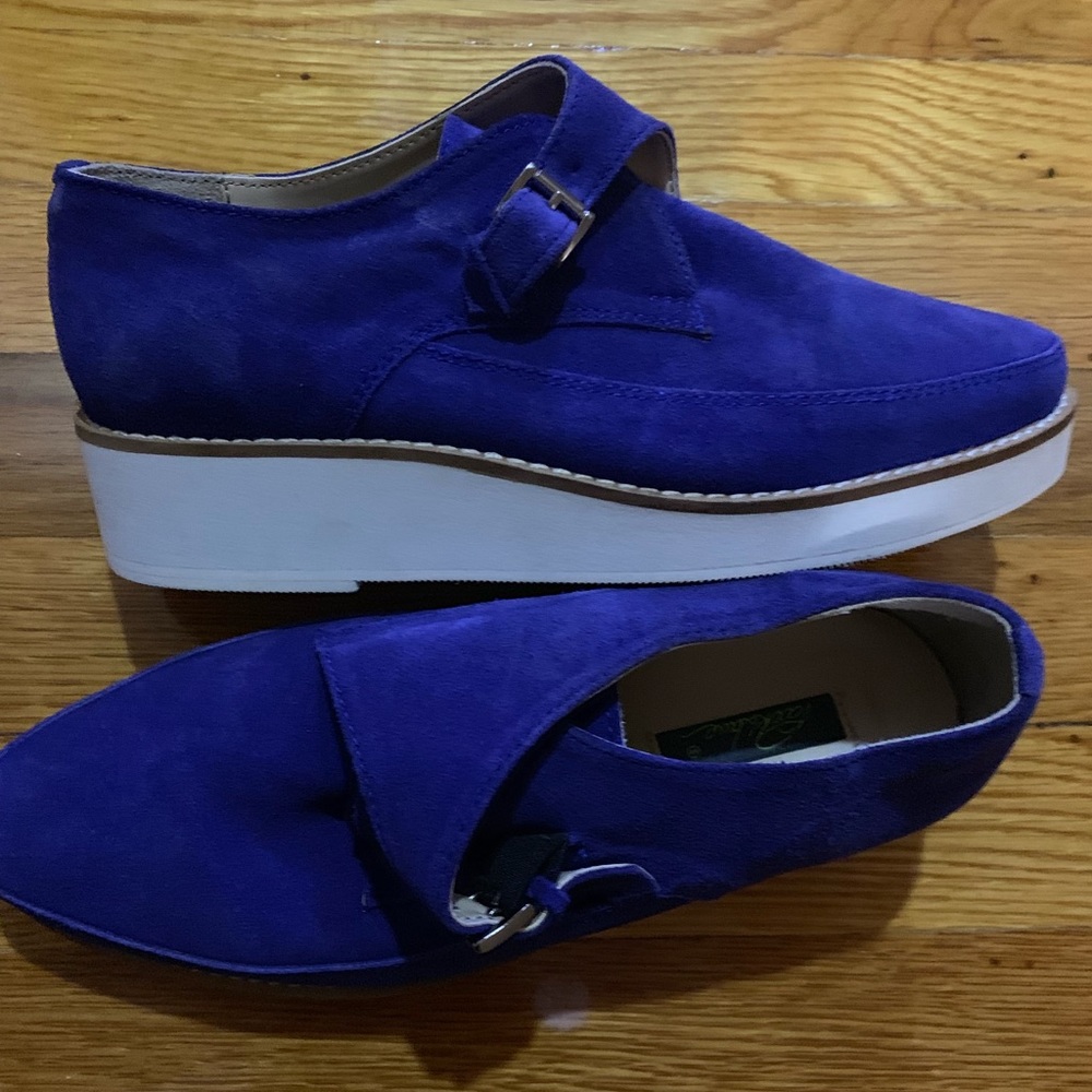 Blue suede platform slip ons